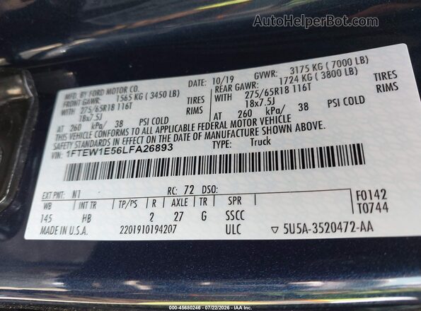 1FTEW1E56LFA26893 2020 FORD F150 Dark Blue Widok komory silnika