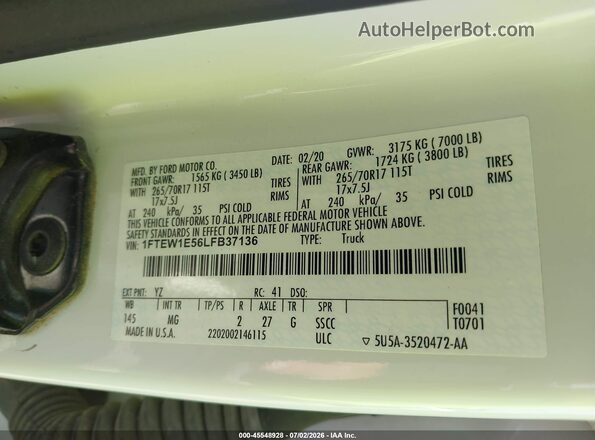 1FTEW1E56LFB37136 2020 FORD F150 Белый Вид подкапотного пространства