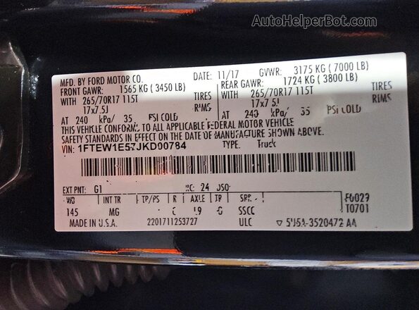 1FTEW1E57JKD00784 2018 FORD F150 Black VIN კოდის სტიკერის ხედი