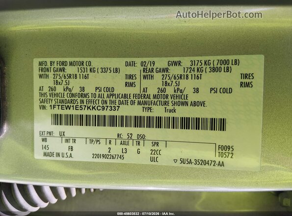 1FTEW1E57KKC97337 2019 FORD F150 Серебряный Вид подкапотного пространства