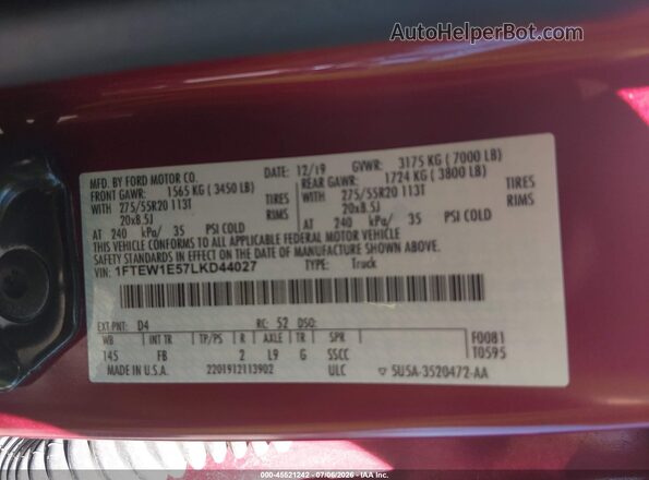 1FTEW1E57LKD44027 2020 FORD F150 Красный Вид подкапотного пространства