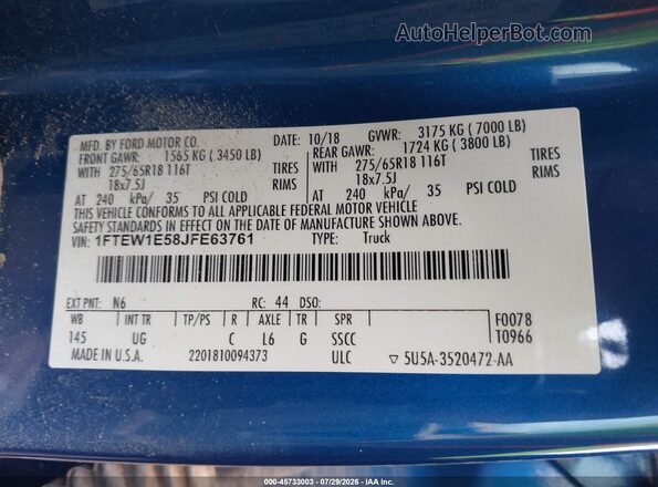 1FTEW1E58JFE63761 2018 FORD F150 Blue Widok komory silnika
