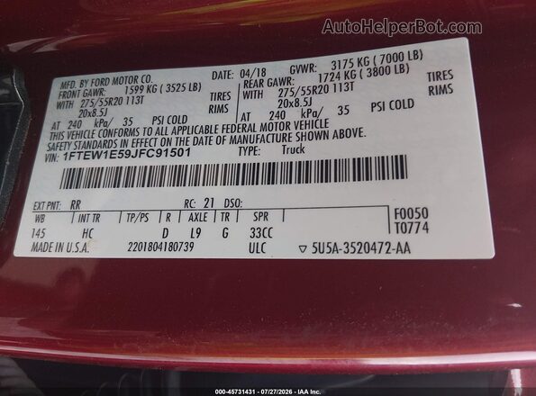 1FTEW1E59JFC91501 2018 FORD F150 Red Widok komory silnika