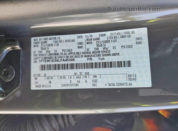 1FTEW1E59LFA45308 2020 FORD F150 Gray Вид підкапотного простору