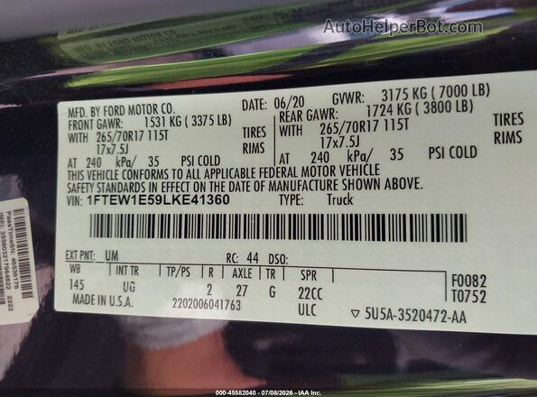 1FTEW1E59LKE41360 2020 FORD F150 Black Vista del compartimento del motor