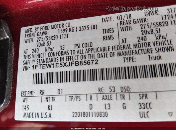 1FTEW1E5XJFB85672 2018 FORD F150 Красный Вид подкапотного пространства