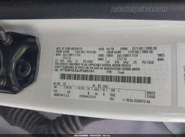 1FTEW1E5XJFD05101 2018 FORD F150 White Engine compartment view