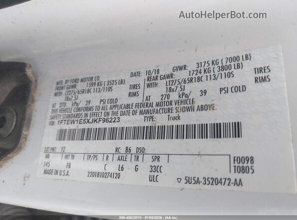 1FTEW1E5XJKF96223 2018 FORD F150 White VIN կոդի պիտակի տեսք