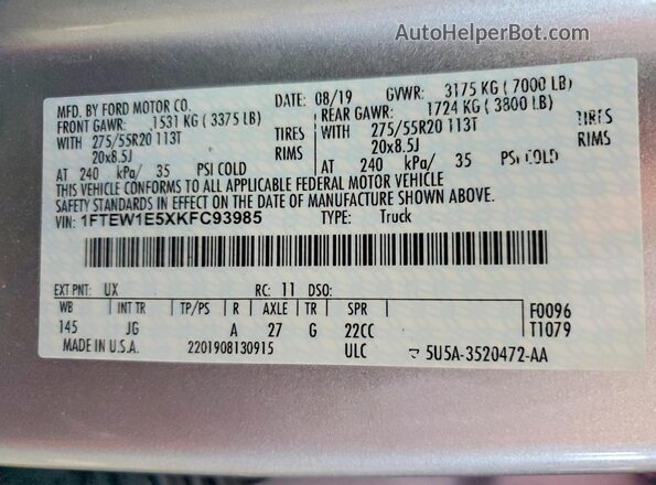 1FTEW1E5XKFC93985 2019 FORD F150 Silver ძრავის განყოფილების ხედი