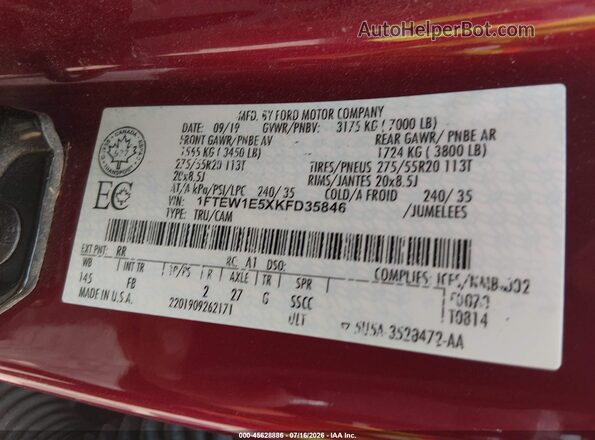 1FTEW1E5XKFD35846 2019 FORD F150 Бордовый Вид подкапотного пространства