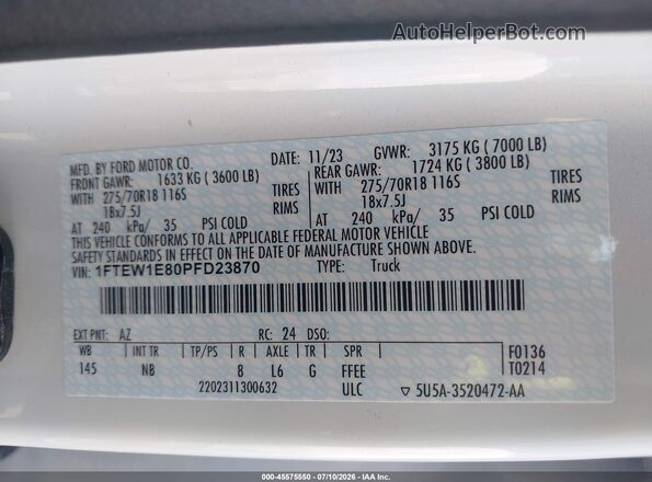 1FTEW1E80PFD23870 2023 FORD F150 Белый Вид подкапотного пространства