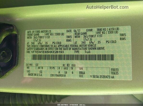 1FTEW1E85HKE26193 2017 FORD F150 Серебряный Вид подкапотного пространства