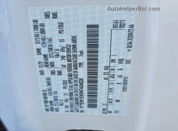 1FTEW1E85NFA04526 2022 FORD F150 White Շարժիչի բաժամունքի տեսք