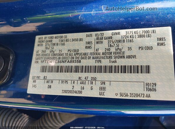 1FTEW1E86NFA89358 2022 FORD F150 Синий Вид подкапотного пространства