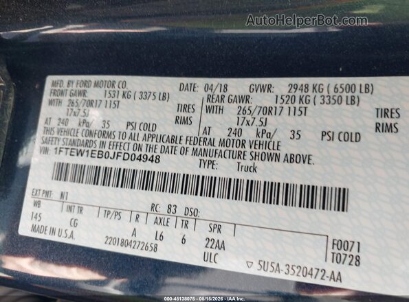 1FTEW1EB0JFD04948 2018 FORD F150 Dark Blue Engine compartment view