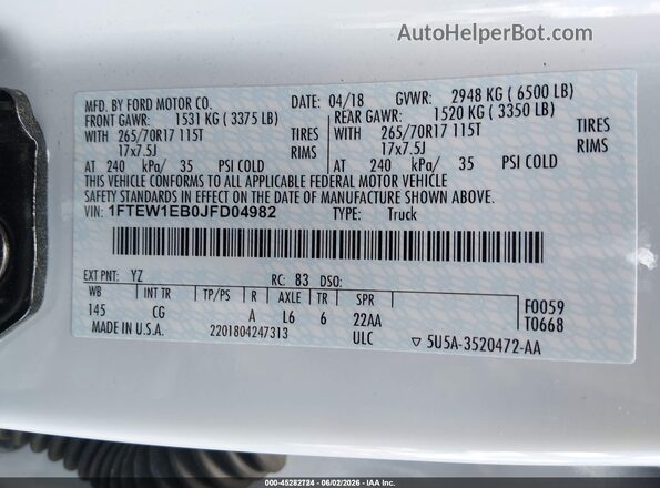 1FTEW1EB0JFD04982 2018 FORD F150 White Engine compartment view