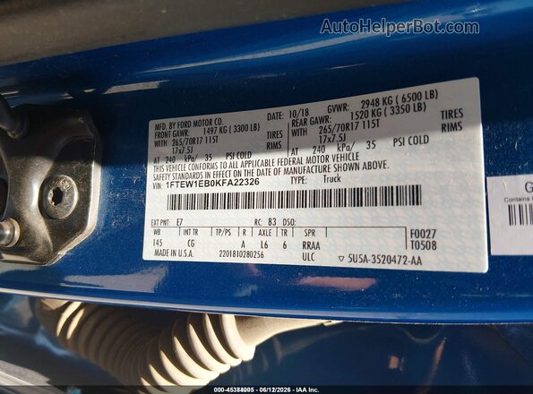 1FTEW1EB0KFA22326 2019 FORD F150 Синий Вид подкапотного пространства