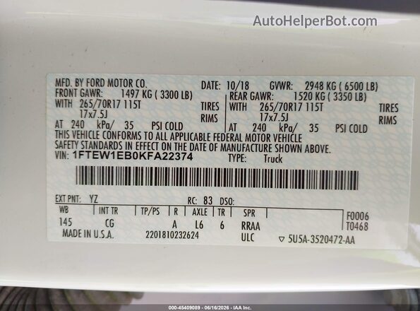1FTEW1EB0KFA22374 2019 FORD F150 White Engine compartment view