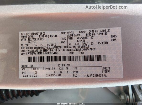 1FTEW1EB1JKF08486 2018 FORD F150 Серебряный Вид подкапотного пространства