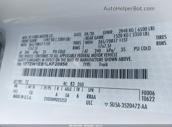 1FTEW1EB1LKF20950 2020 FORD F150 White Engine compartment view