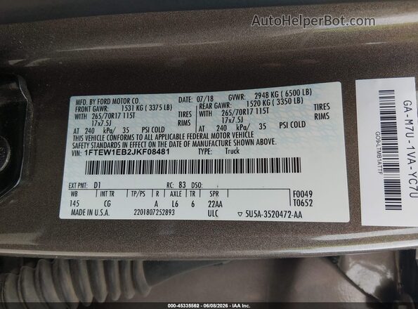 1FTEW1EB2JKF08481 2018 FORD F150 Brown ძრავის განყოფილების ხედი