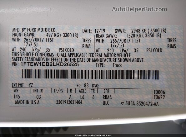 1FTEW1EB2LKD26525 2020 FORD F150 White Շարժիչի բաժամունքի տեսք