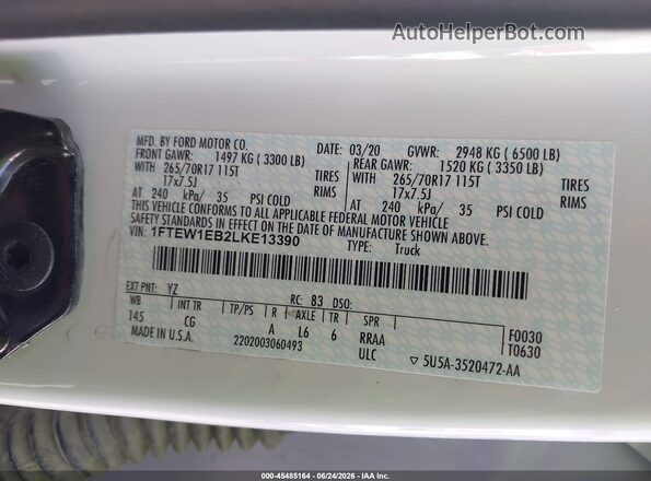 1FTEW1EB2LKE13390 2020 FORD F150 White Engine compartment view