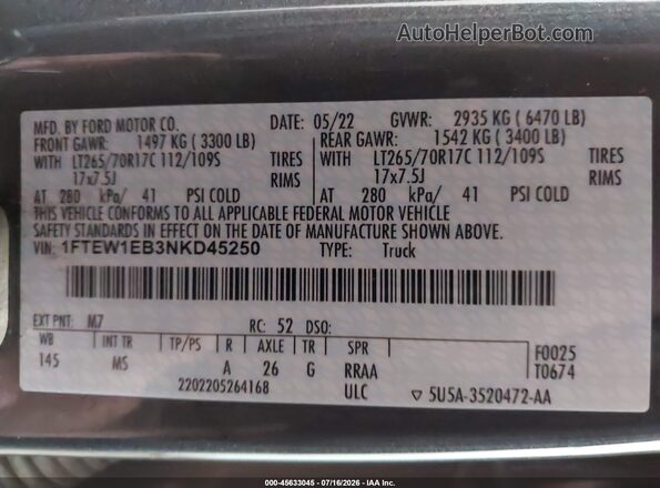 1FTEW1EB3NKD45250 2022 FORD F150 Gray ძრავის განყოფილების ხედი