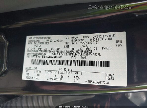 1FTEW1EB4LKD68369 2020 FORD F150 Black Vista del compartimento del motor