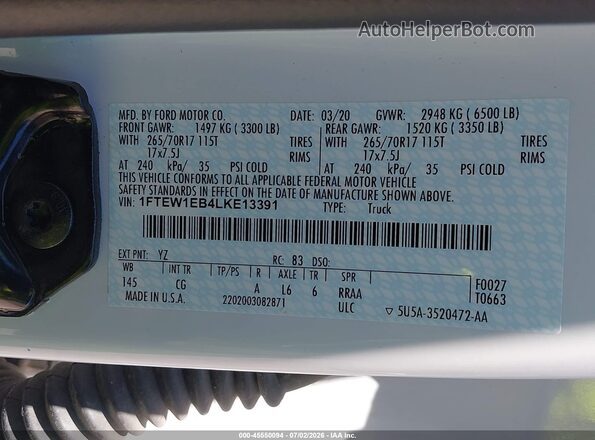 1FTEW1EB4LKE13391 2020 FORD F150 White Շարժիչի բաժամունքի տեսք
