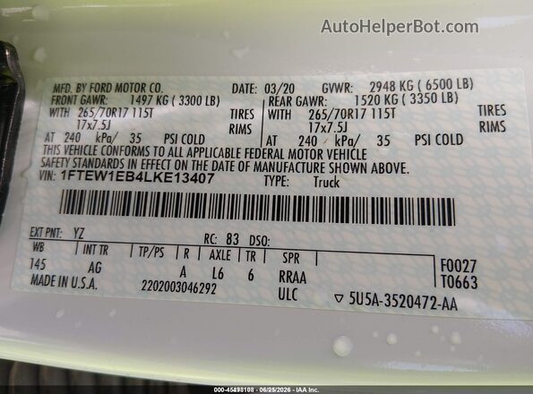 1FTEW1EB4LKE13407 2020 FORD F150 White Vista del compartimento del motor