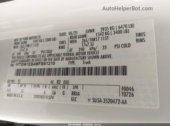 1FTEW1EB4MFB81210 2021 FORD F150 White Vista de la etiqueta del VIN