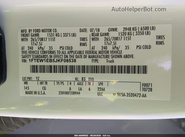 1FTEW1EB5JKF08538 2018 FORD F150 White Вид підкапотного простору