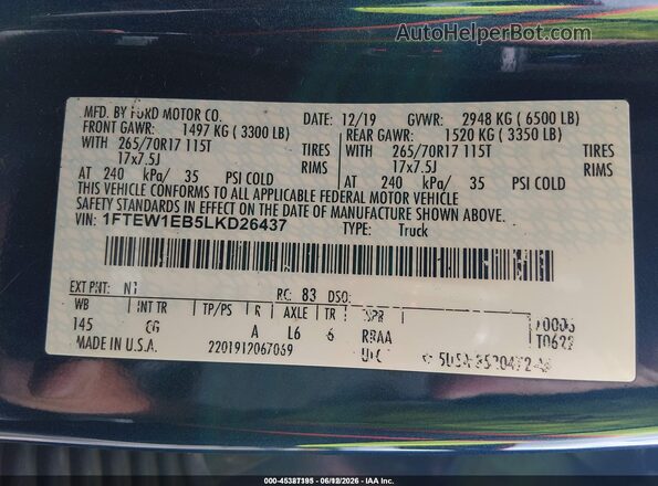 1FTEW1EB5LKD26437 2020 FORD F150 Синий Вид подкапотного пространства