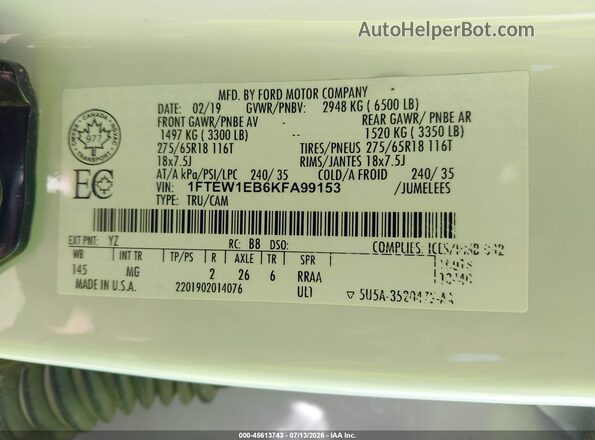 1FTEW1EB6KFA99153 2019 FORD F150 White Вид підкапотного простору