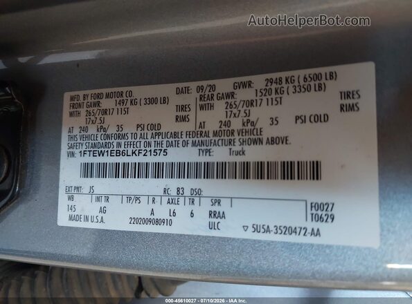 1FTEW1EB6LKF21575 2020 FORD F150 Silver ძრავის განყოფილების ხედი