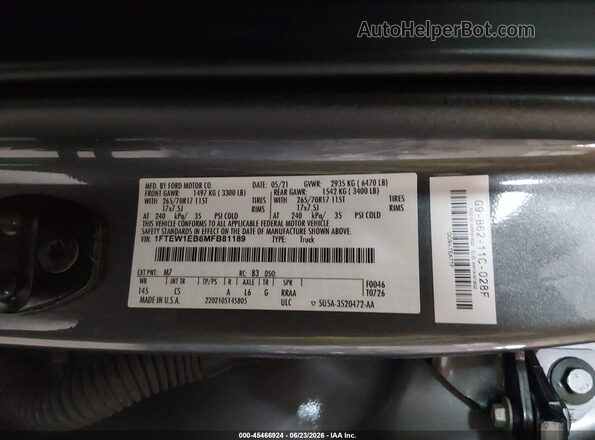 1FTEW1EB6MFB81189 2021 FORD F150 Gray ძრავის განყოფილების ხედი