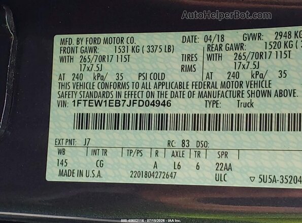 1FTEW1EB7JFD04946 2018 FORD F150 Gray Շարժիչի բաժամունքի տեսք
