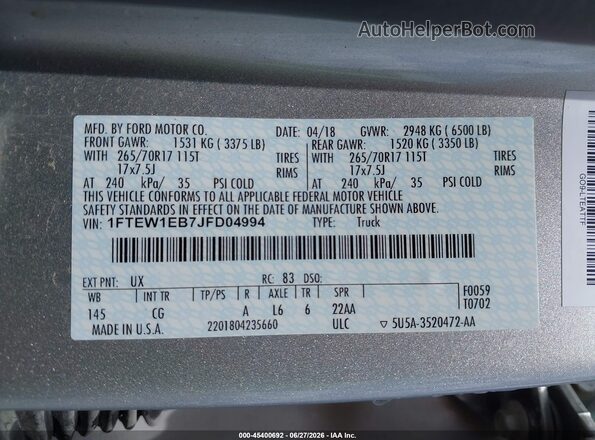 1FTEW1EB7JFD04994 2018 FORD F150 Silver Widok komory silnika