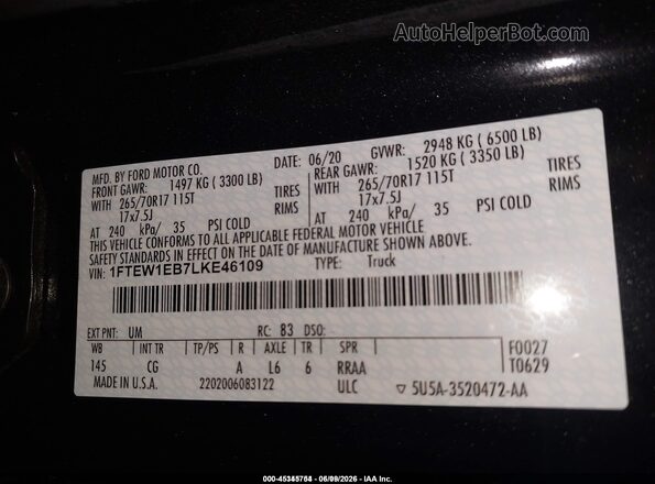 1FTEW1EB7LKE46109 2020 FORD F150 Dark Blue Շարժիչի բաժամունքի տեսք
