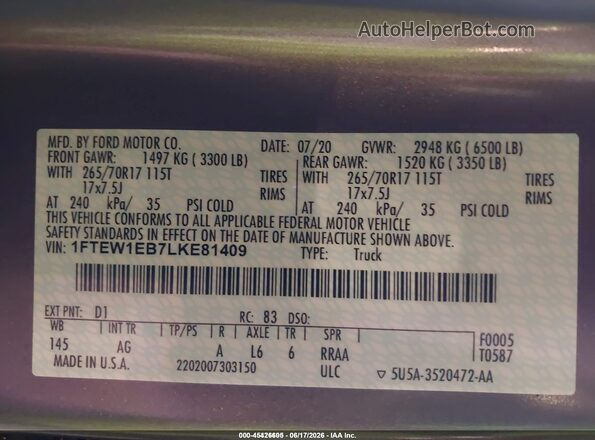 1FTEW1EB7LKE81409 2020 FORD F150 Brown ძრავის განყოფილების ხედი