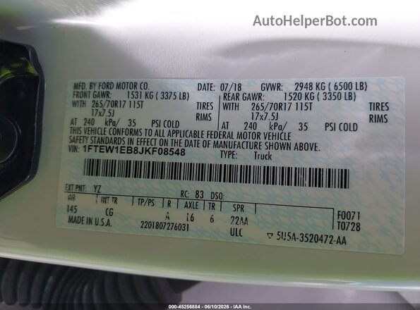 1FTEW1EB8JKF08548 2018 FORD F150 White Vista del compartimento del motor