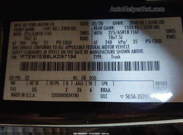 1FTEW1EB8LKD97194 2020 FORD F150 Black Շարժիչի բաժամունքի տեսք