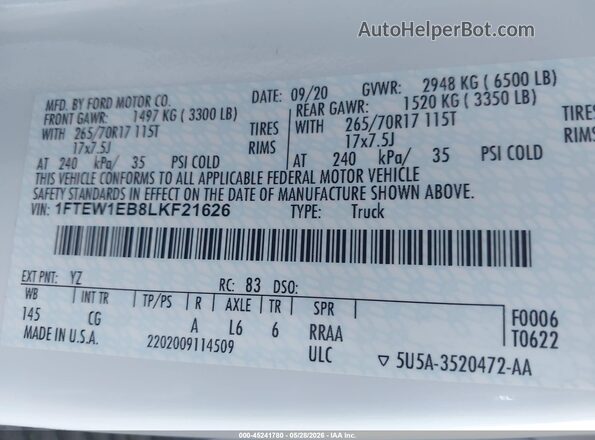 1FTEW1EB8LKF21626 2020 FORD F150 White Widok komory silnika