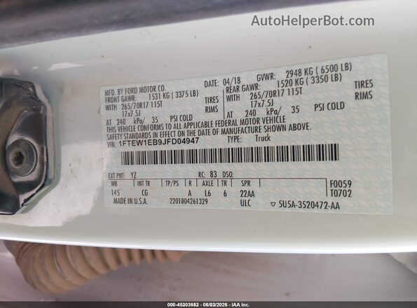 1FTEW1EB9JFD04947 2018 FORD F150 Белый Вид подкапотного пространства