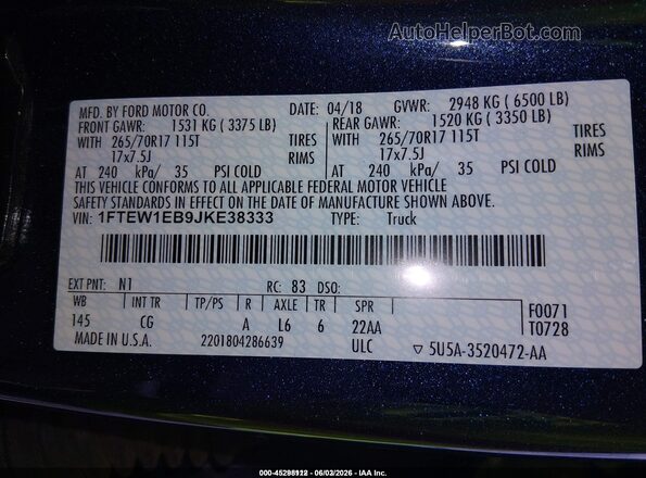 1FTEW1EB9JKE38333 2018 FORD F150 Blue Вид підкапотного простору