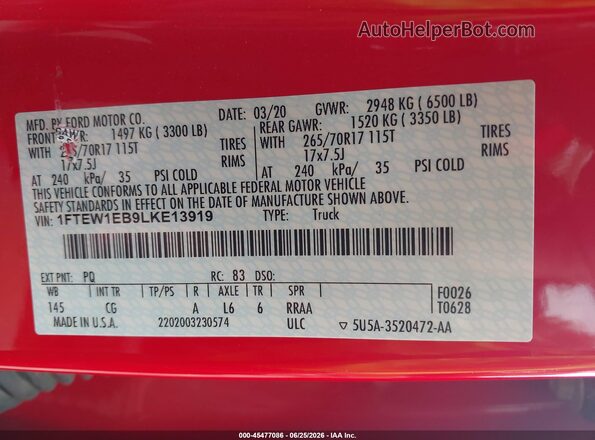 1FTEW1EB9LKE13919 2020 FORD F150 Красный Вид подкапотного пространства