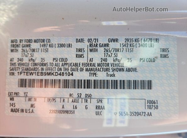 1FTEW1EB9MKD48104 2021 FORD F150 Белый Вид подкапотного пространства