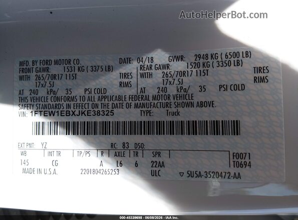 1FTEW1EBXJKE38325 2018 FORD F150 White Vista del compartimento del motor