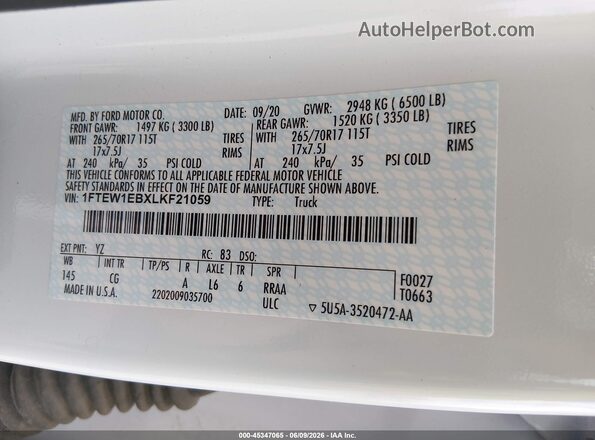 1FTEW1EBXLKF21059 2020 FORD F150 White Вид підкапотного простору